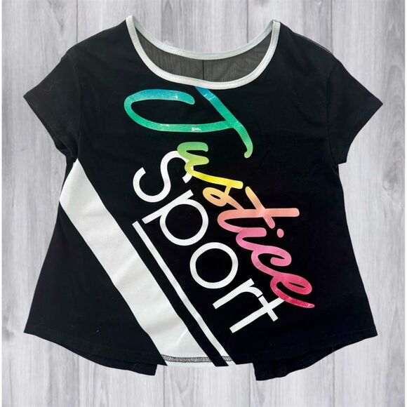 Justice Sport, Girls Short Sleeve Black Shirt, Neon Letters, Split Back - Picture 1 of 4